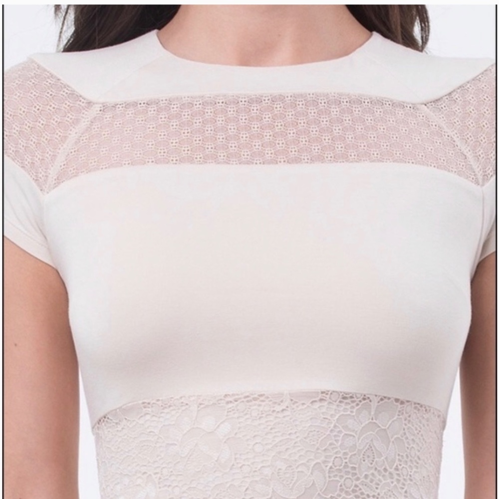 BEBE LACE AMD MESH MIDI DRESS. Cream/beige colored